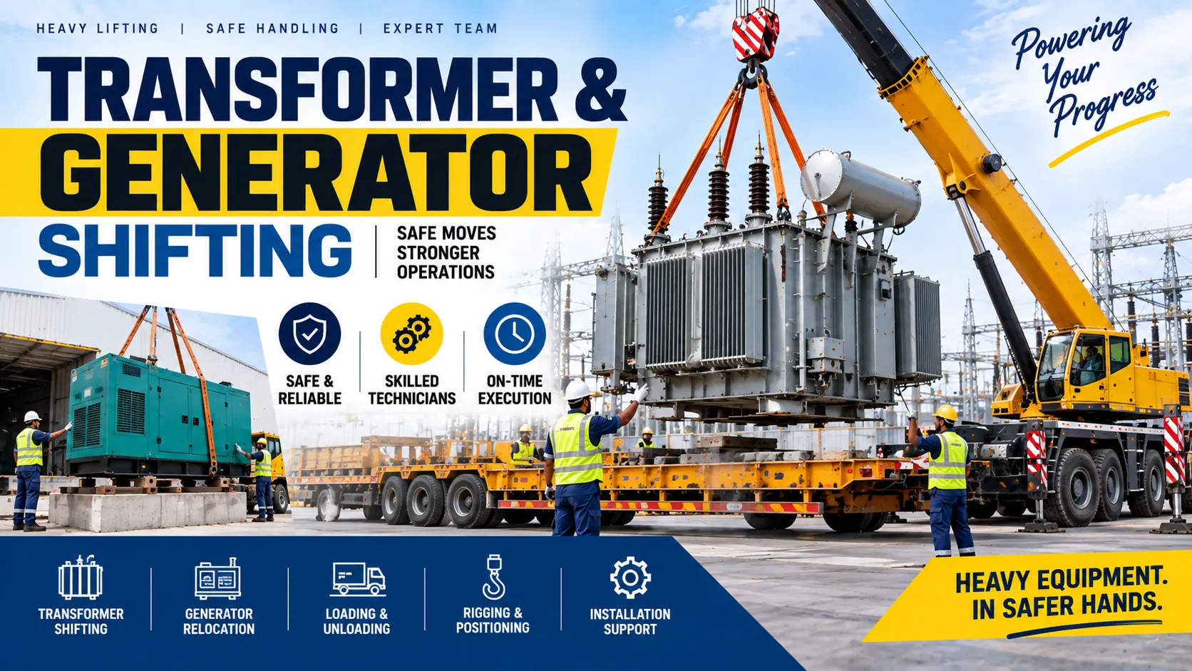 Transformer & generator shifting by Angalamman Cranes